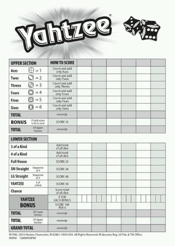 yahtzee game sheets