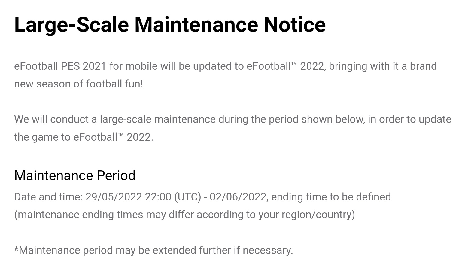 efootball 2022 mobile maintenance end time