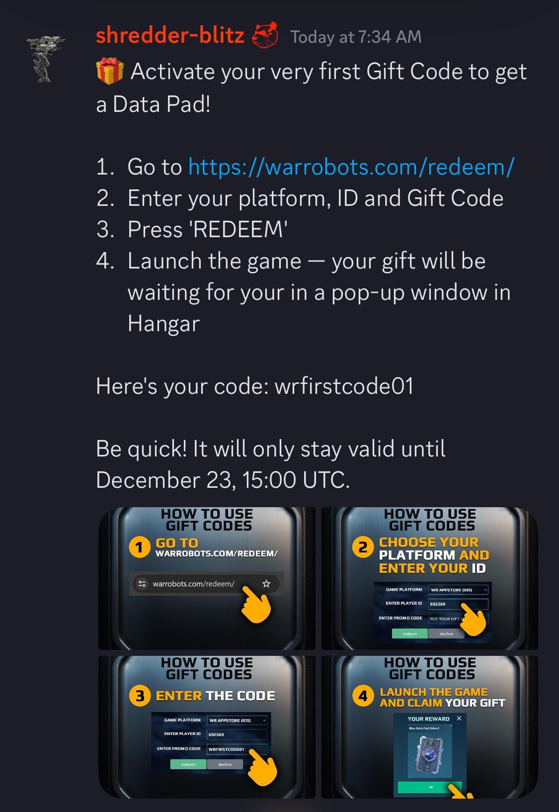 war robots gift codes