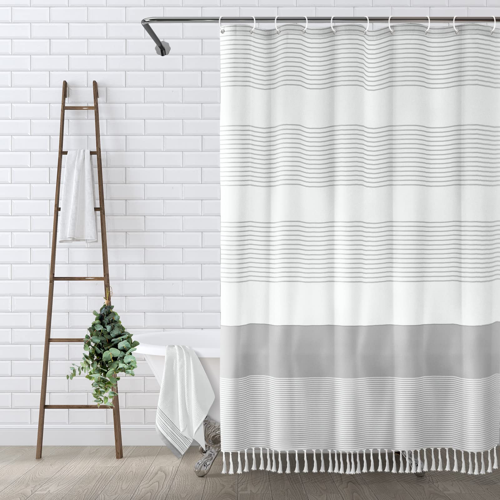 gray and white shower curtain