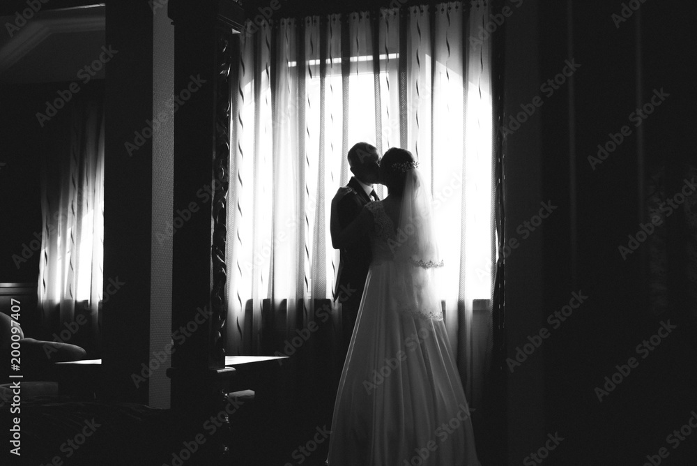 bride and groom kissing silhouette