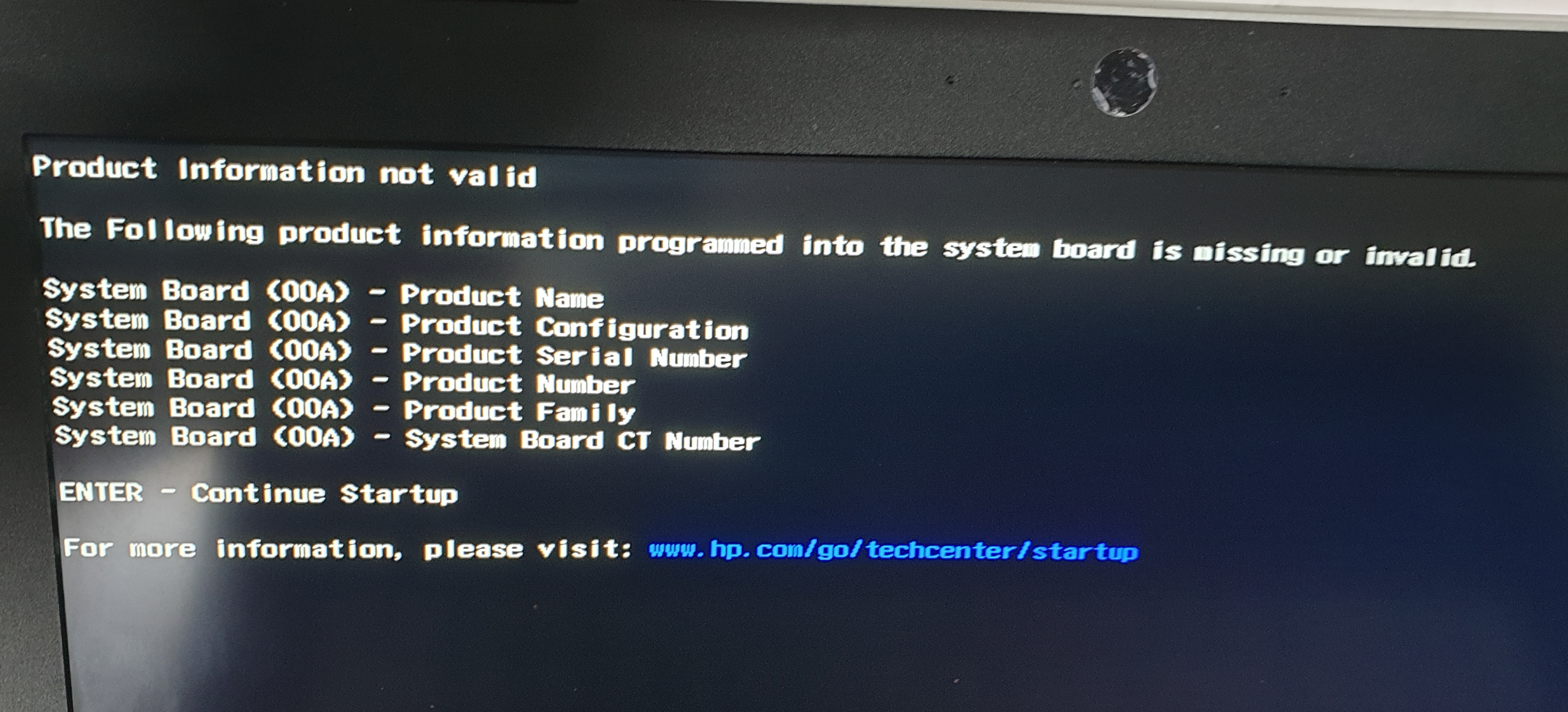 hp product information not valid system board 00a