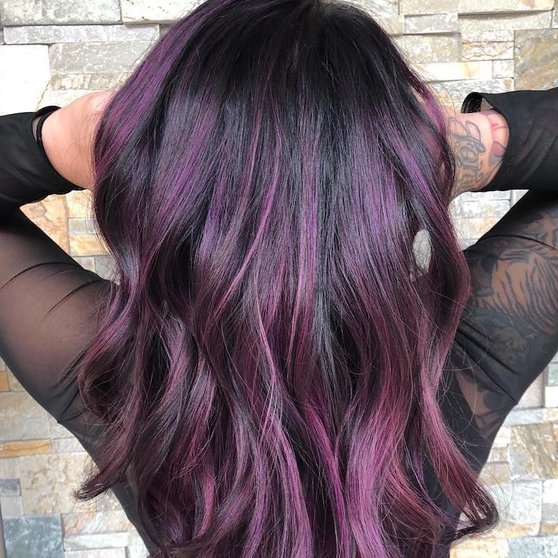 violet highlights on dark hair