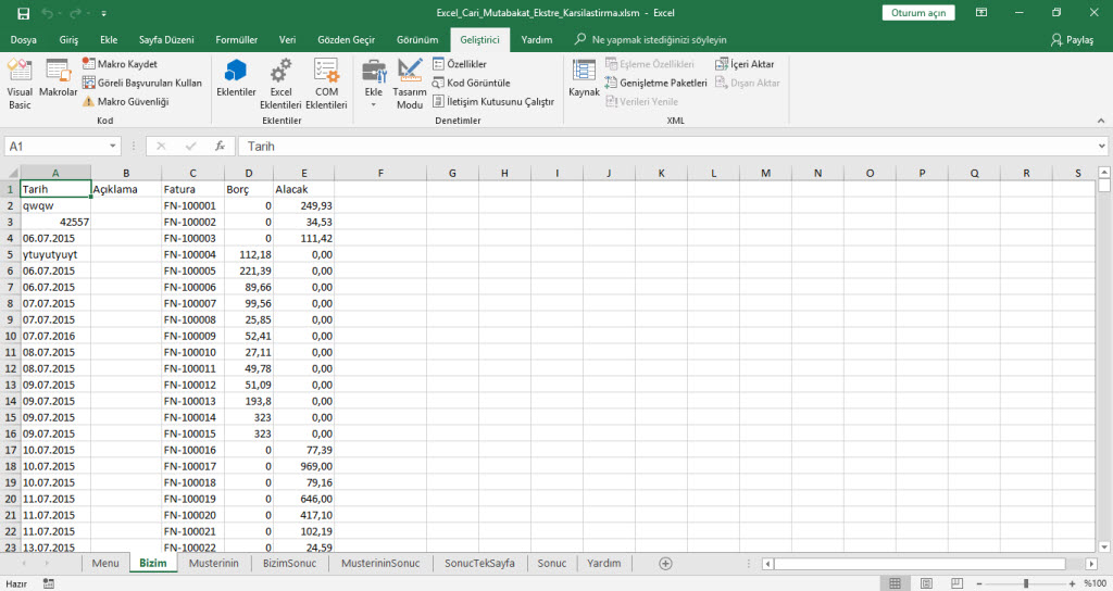 excel cari hesap ekstresi