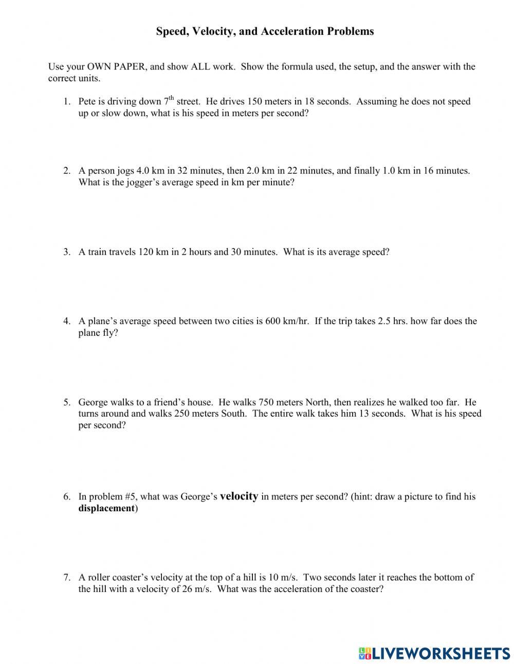 speed velocity and acceleration calculations worksheet