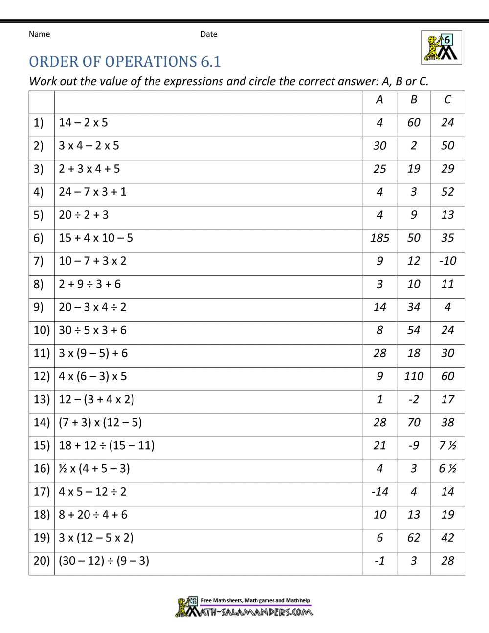 bedmas worksheets grade 6