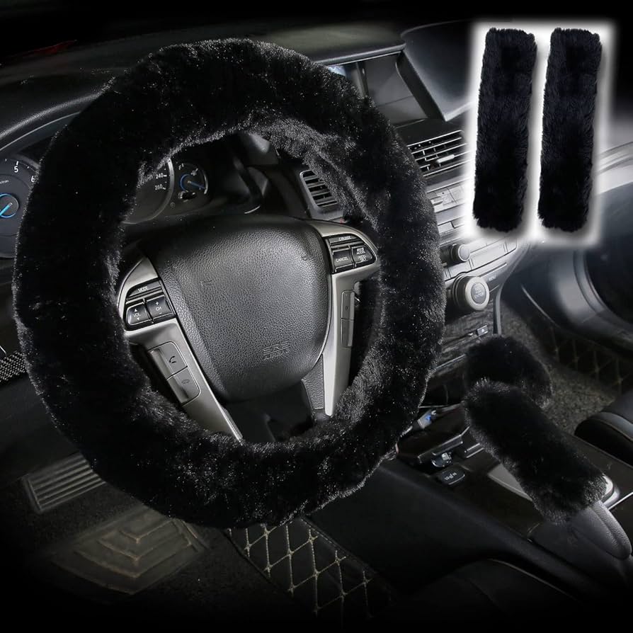 black fluffy steering wheel cover