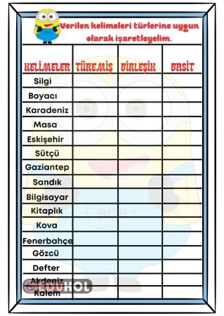 10 basit 10 türemiş 10 birleşik kelime