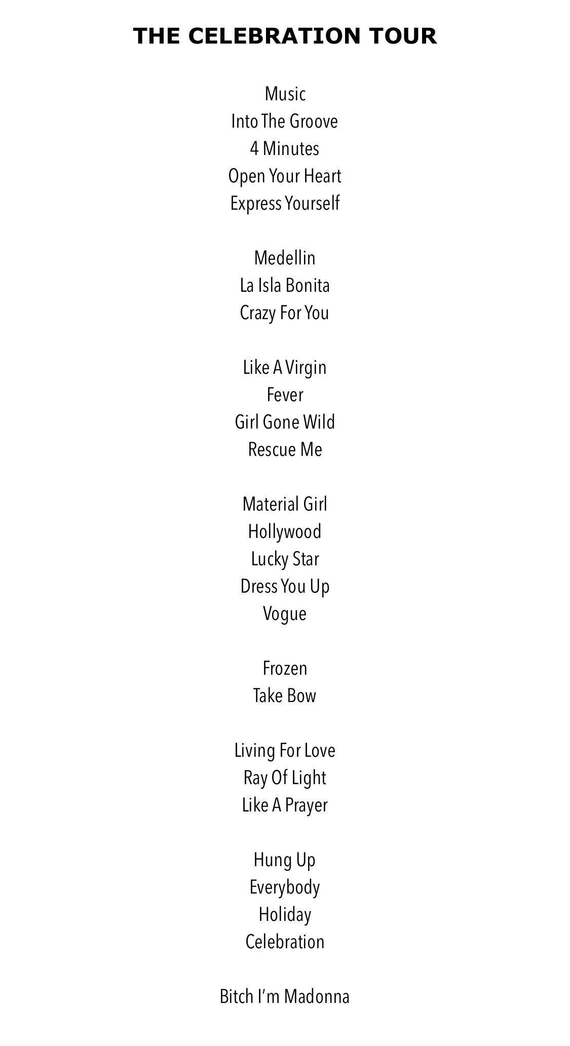 celebration tour setlist