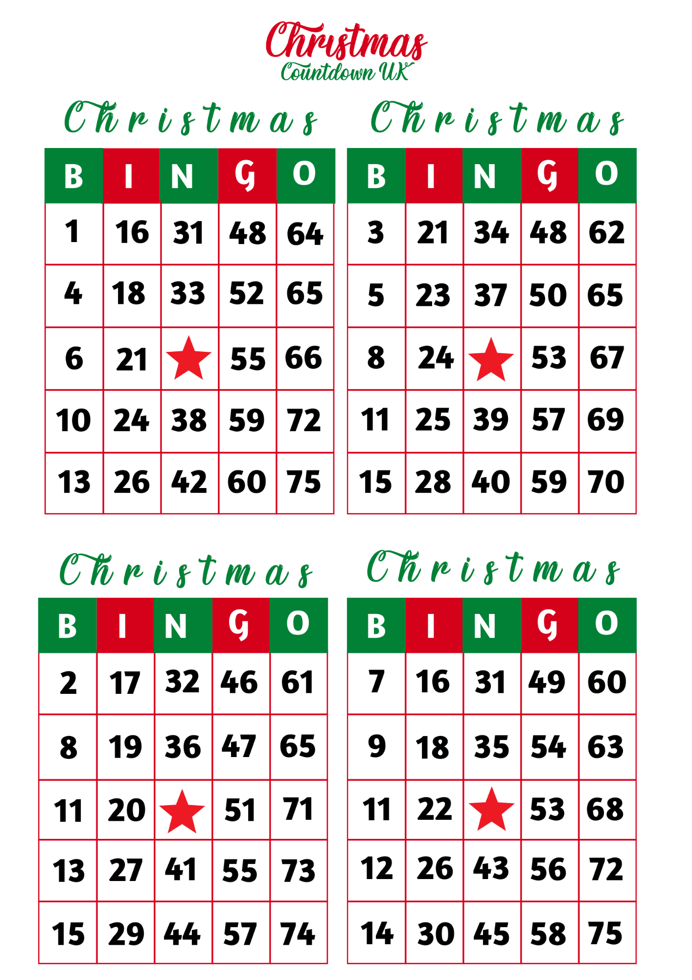 christmas bingo calls 1-90