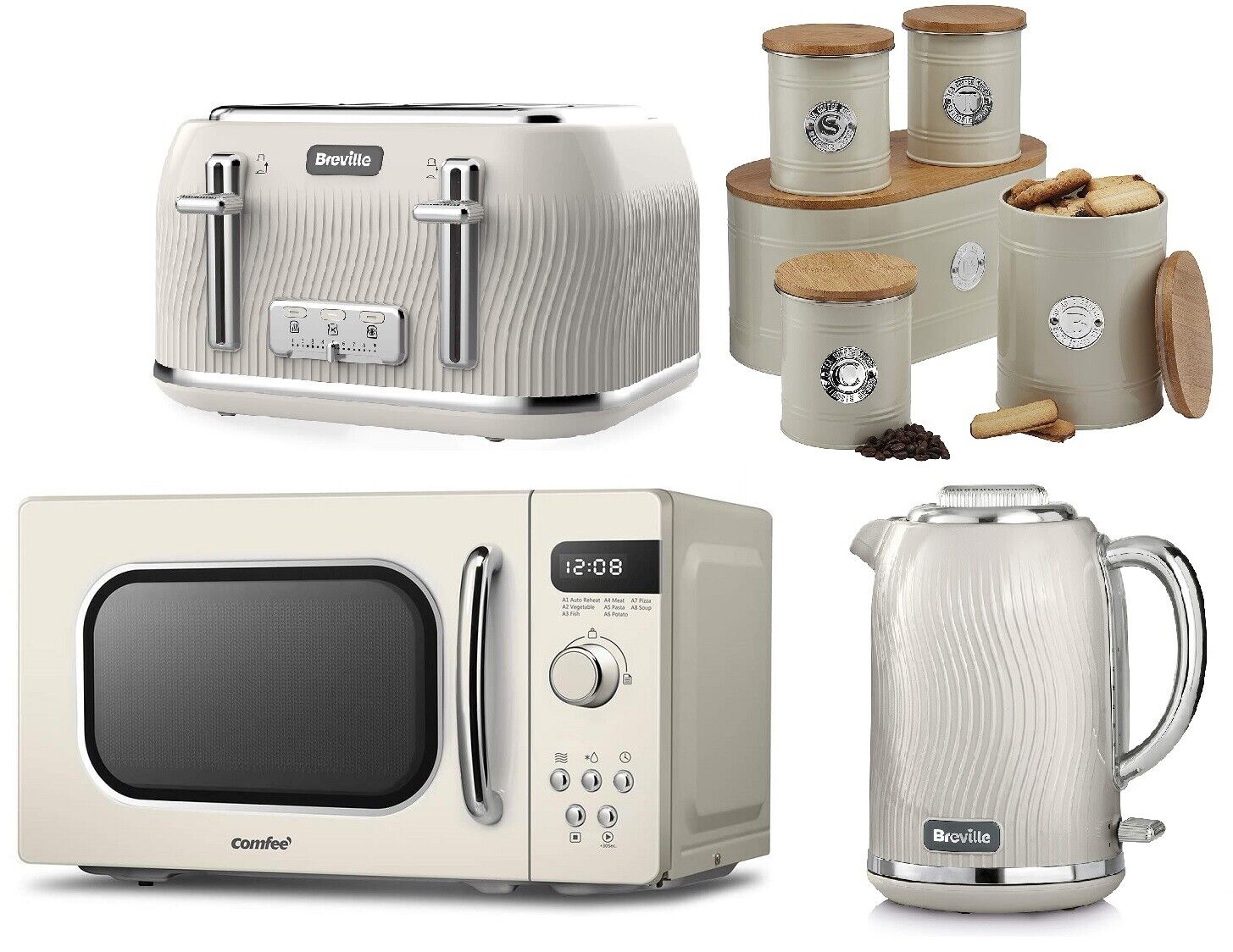 cream toaster kettle and microwave set