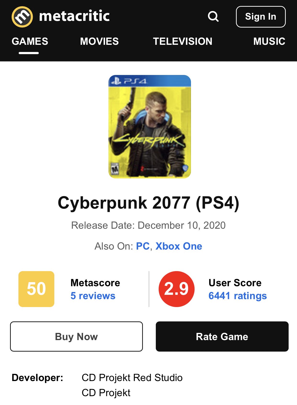 cyberpunk metacritic