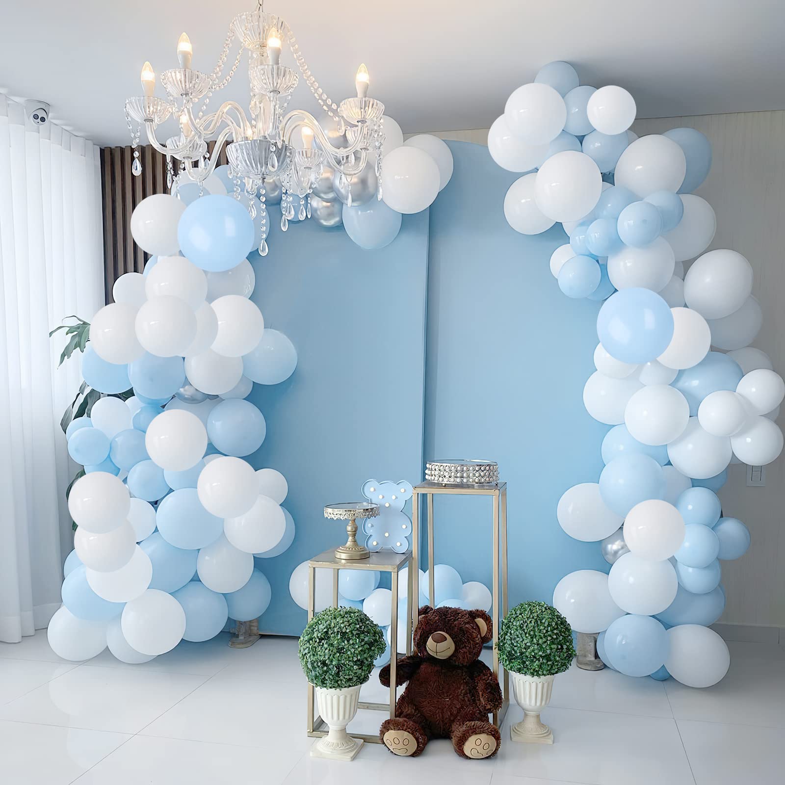 blue and white balloon garland