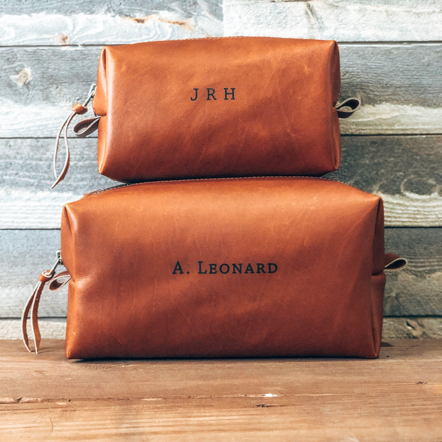 mens leather toiletry bag personalized