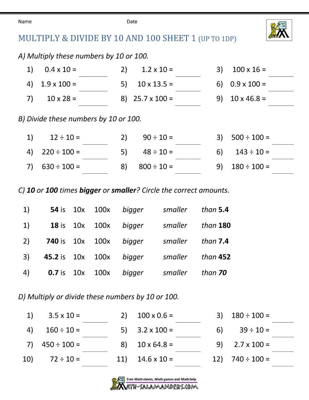 dividing by 10 100 and 1000 worksheet