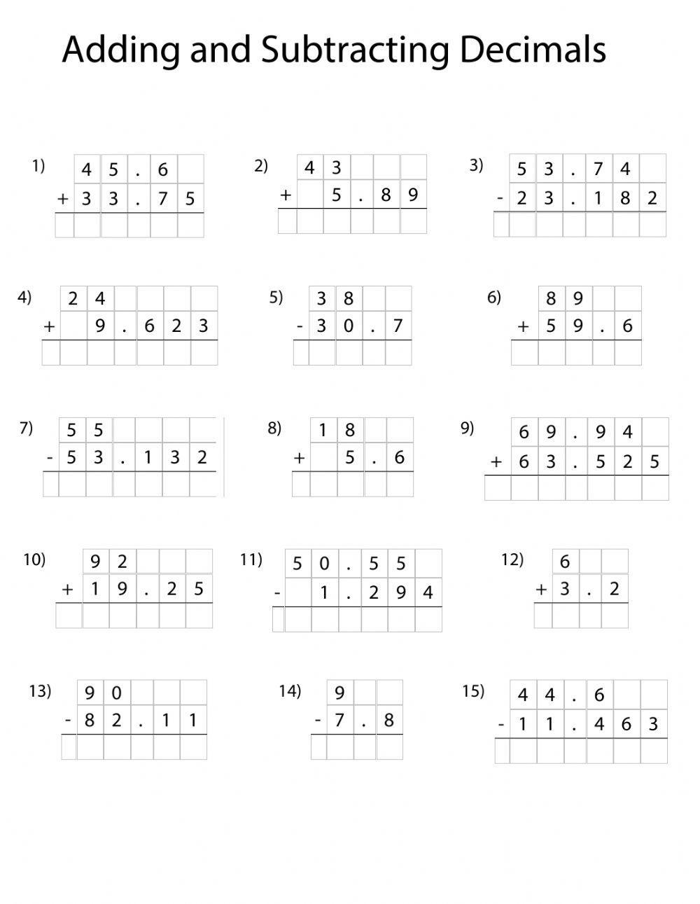 decimal addition and subtraction worksheets