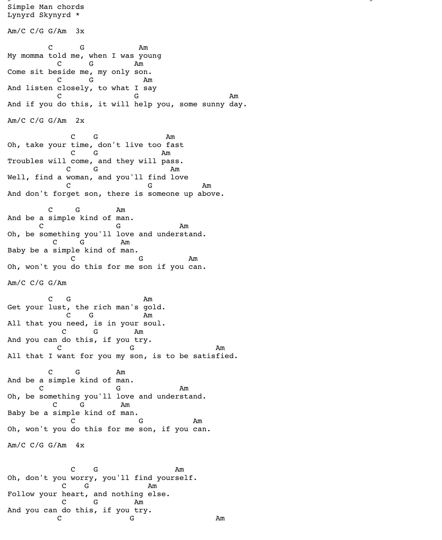 simple man chords lynyrd skynyrd