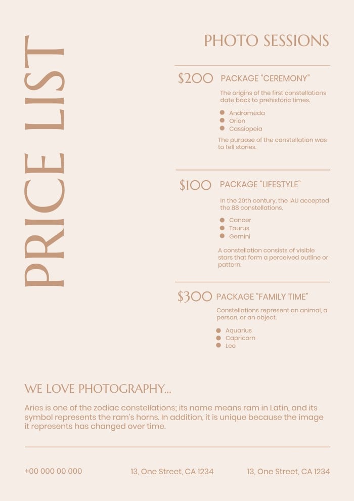 photography pricing sheet