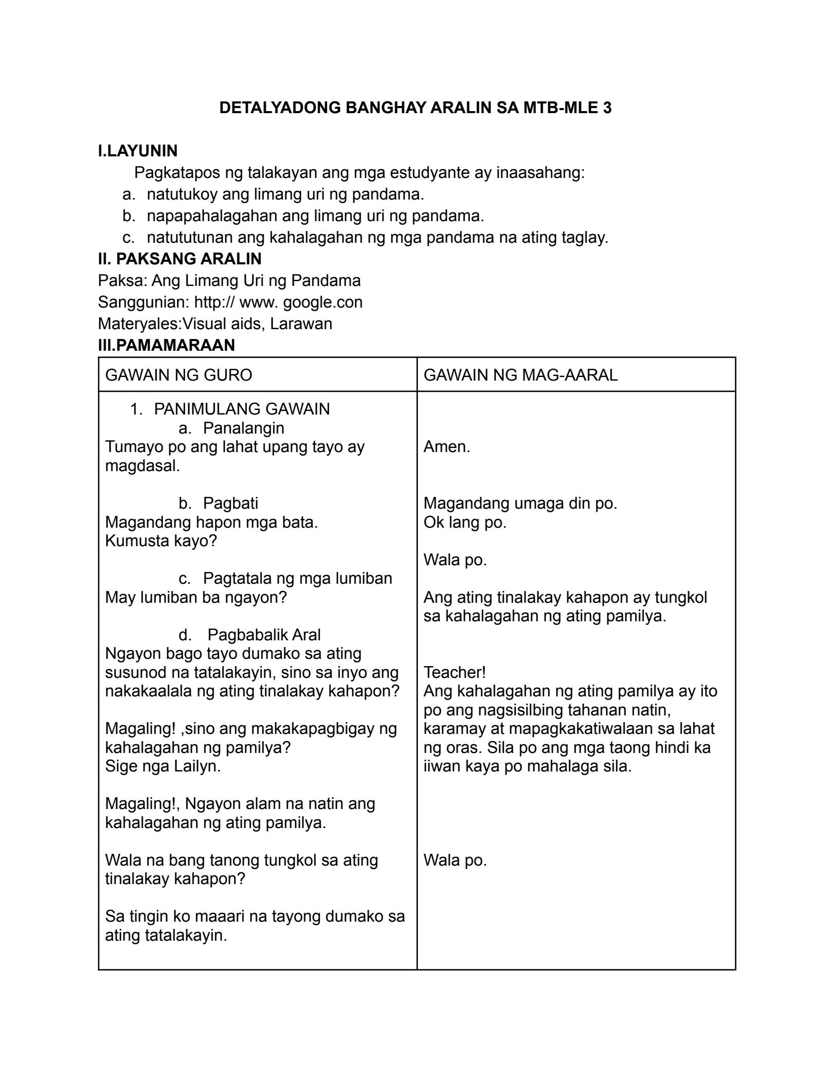 detailed lesson plan in mtb grade 3