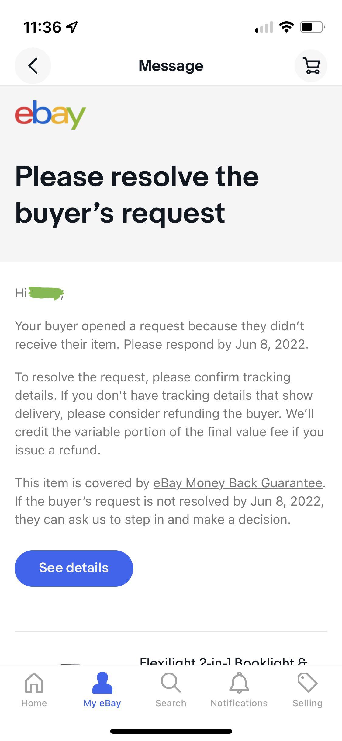 ebay item not arrived