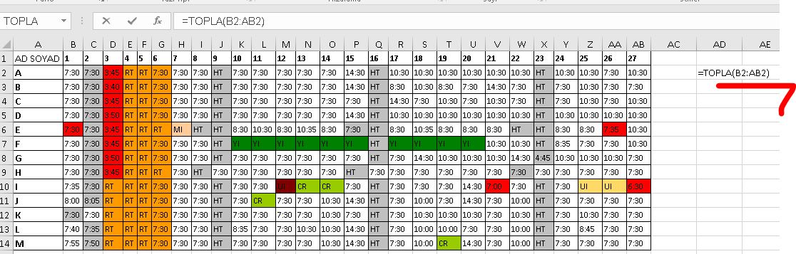 excel mesai saati toplama