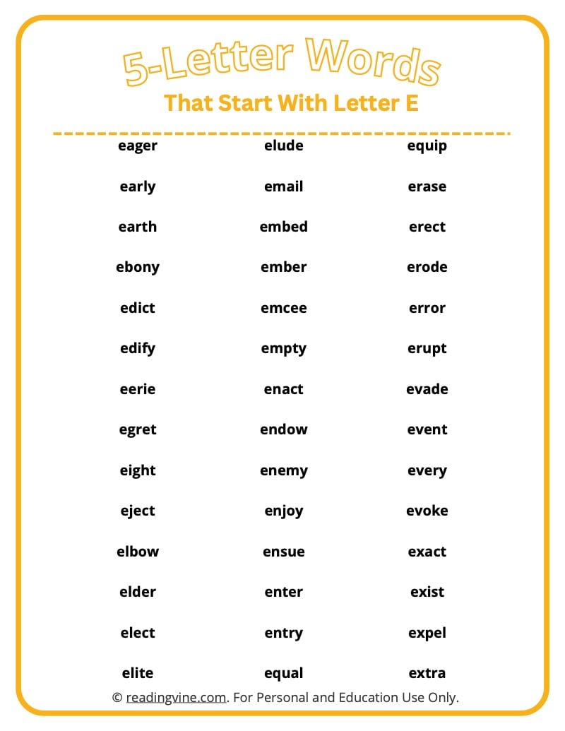 five letter words beginning with e