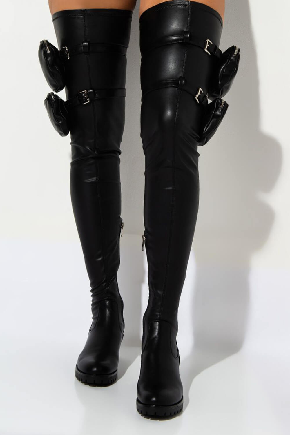 flat thigh high boots leather