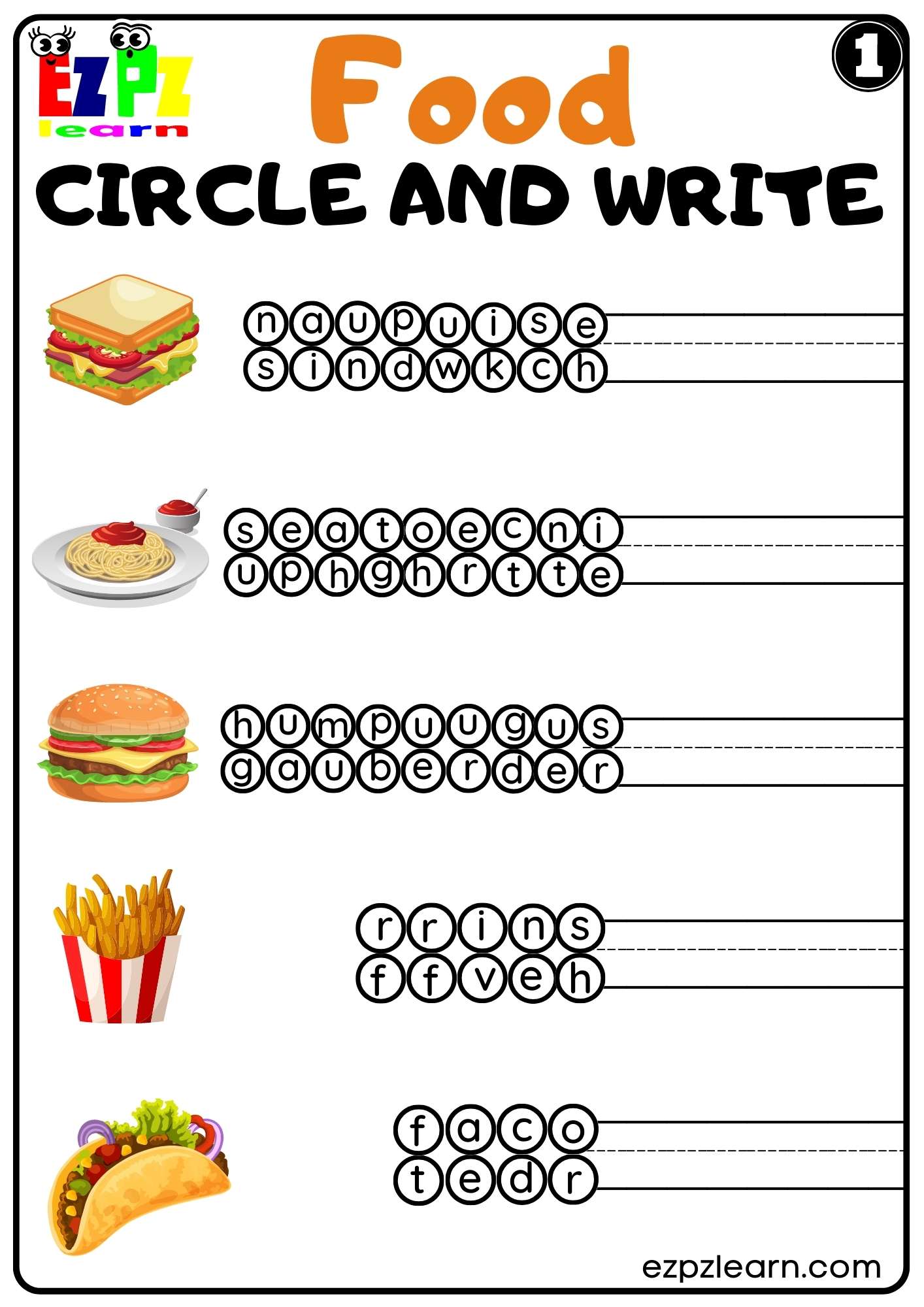 food worksheets for kindergarten