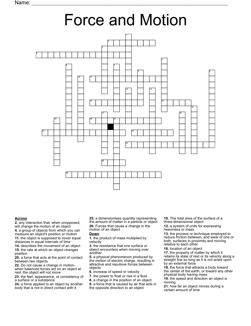 force and motion study crossword answer key