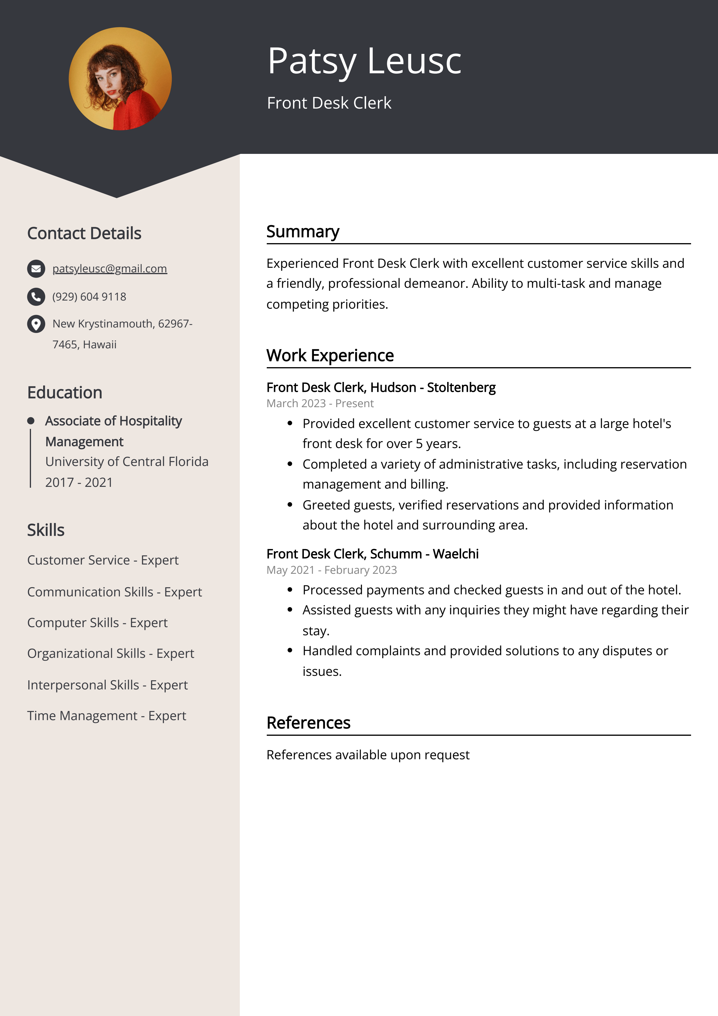 front desk agent resume