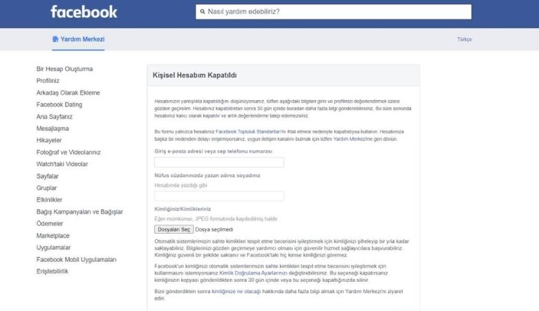 kapanan facebook hesabımı nasıl açarım