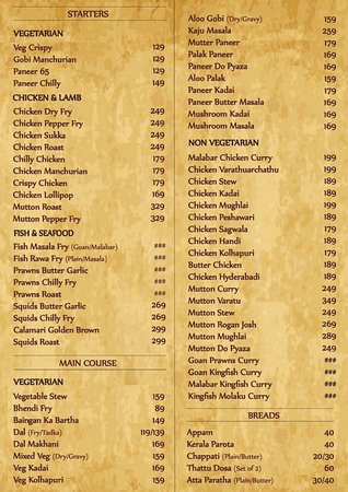 malabar restaurant menu