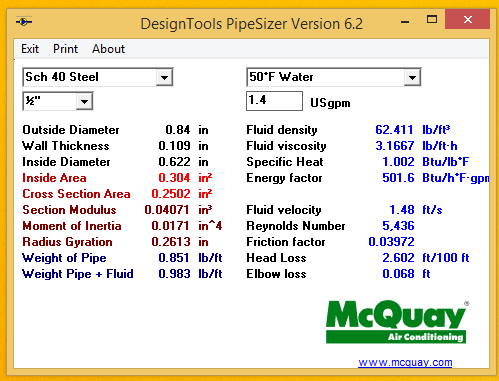 mcquay pipe sizer