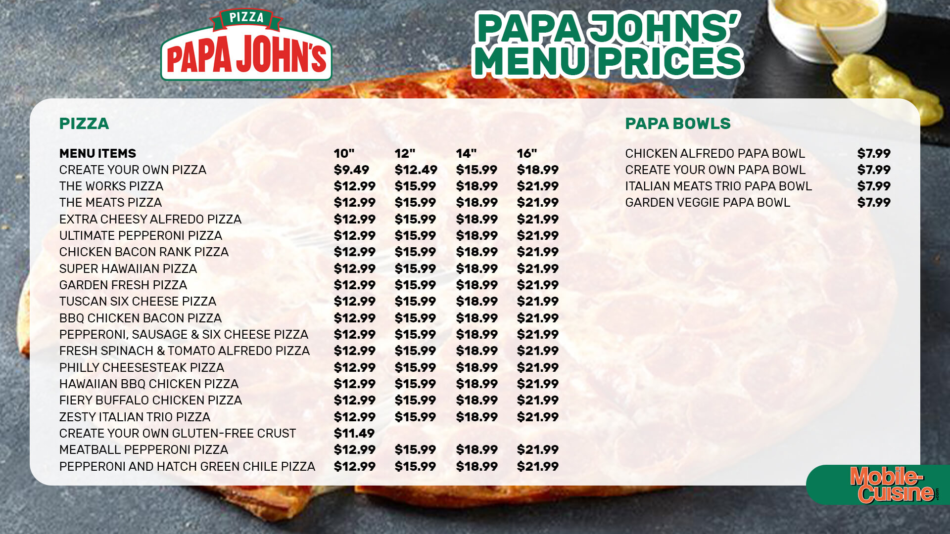 menu papa johns pizza