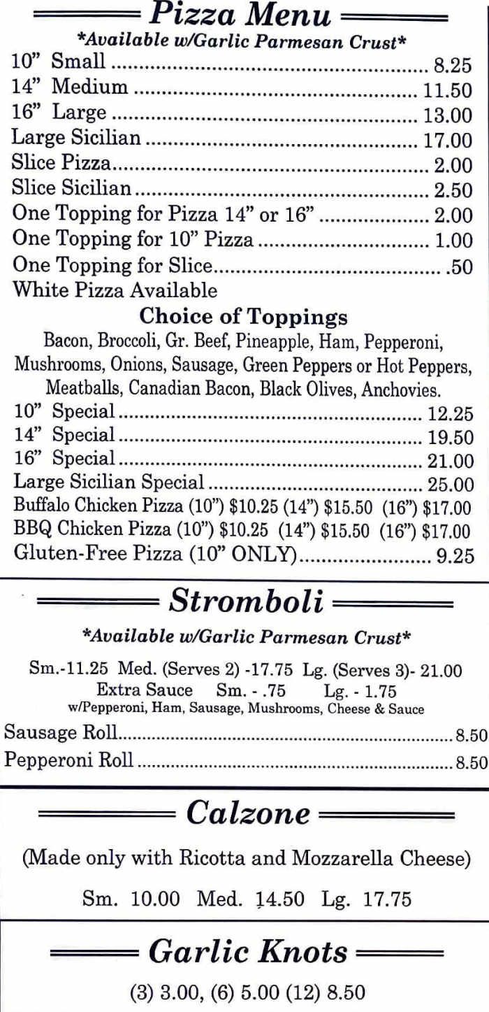 original italian pizza lock haven menu