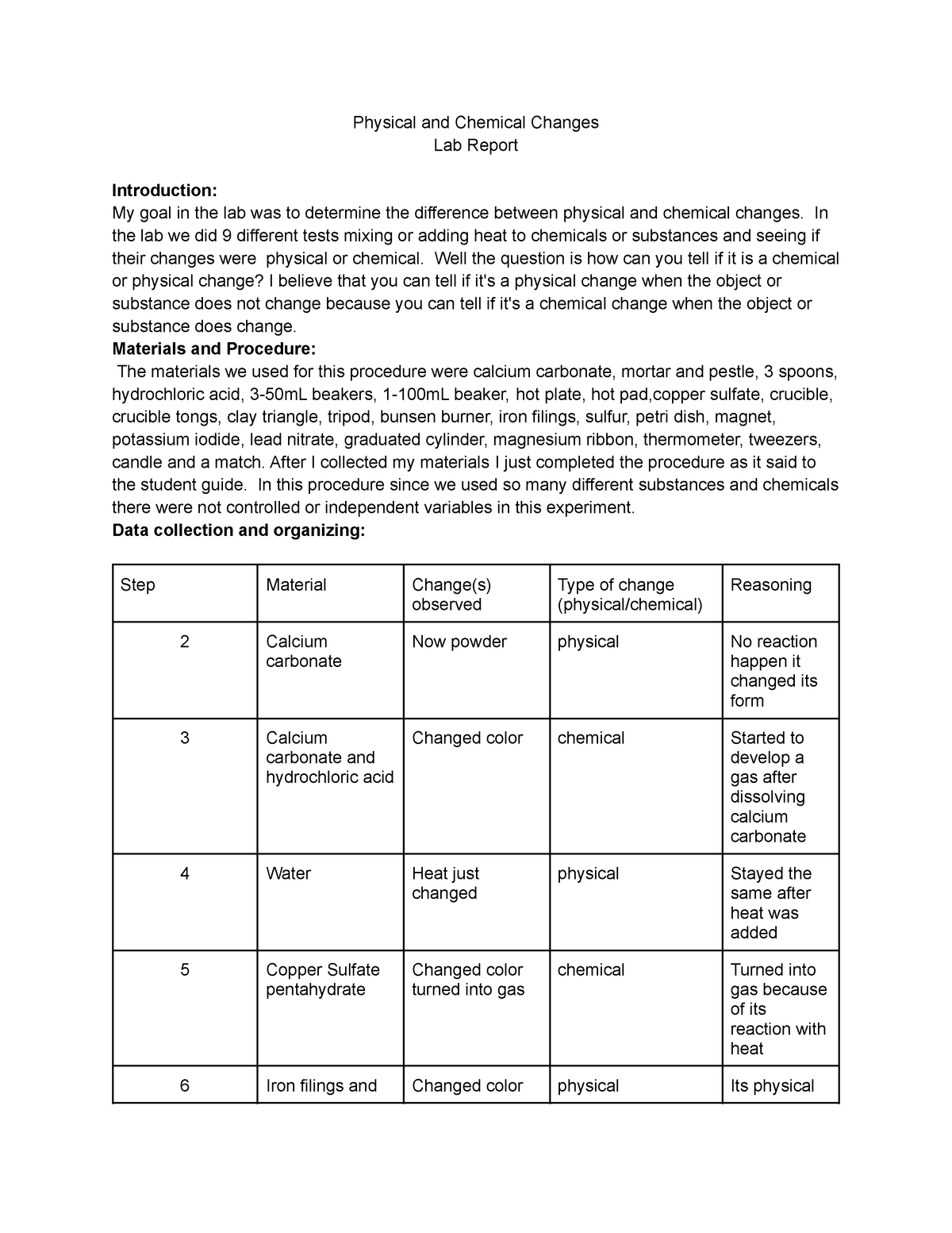 physical and chemical changes virtual lab