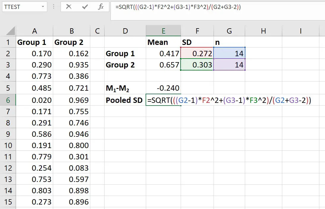 pooled variance in excel