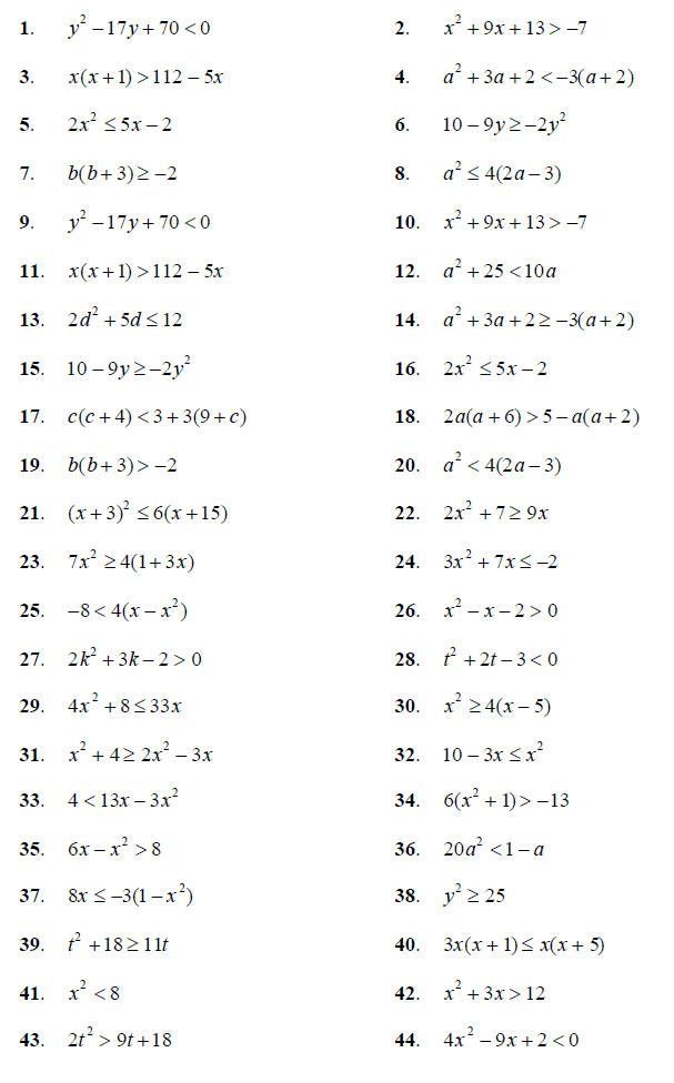 quadratic inequalities worksheet