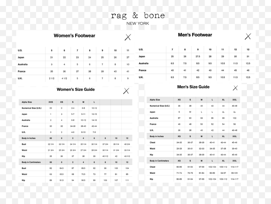 rag & bone size chart