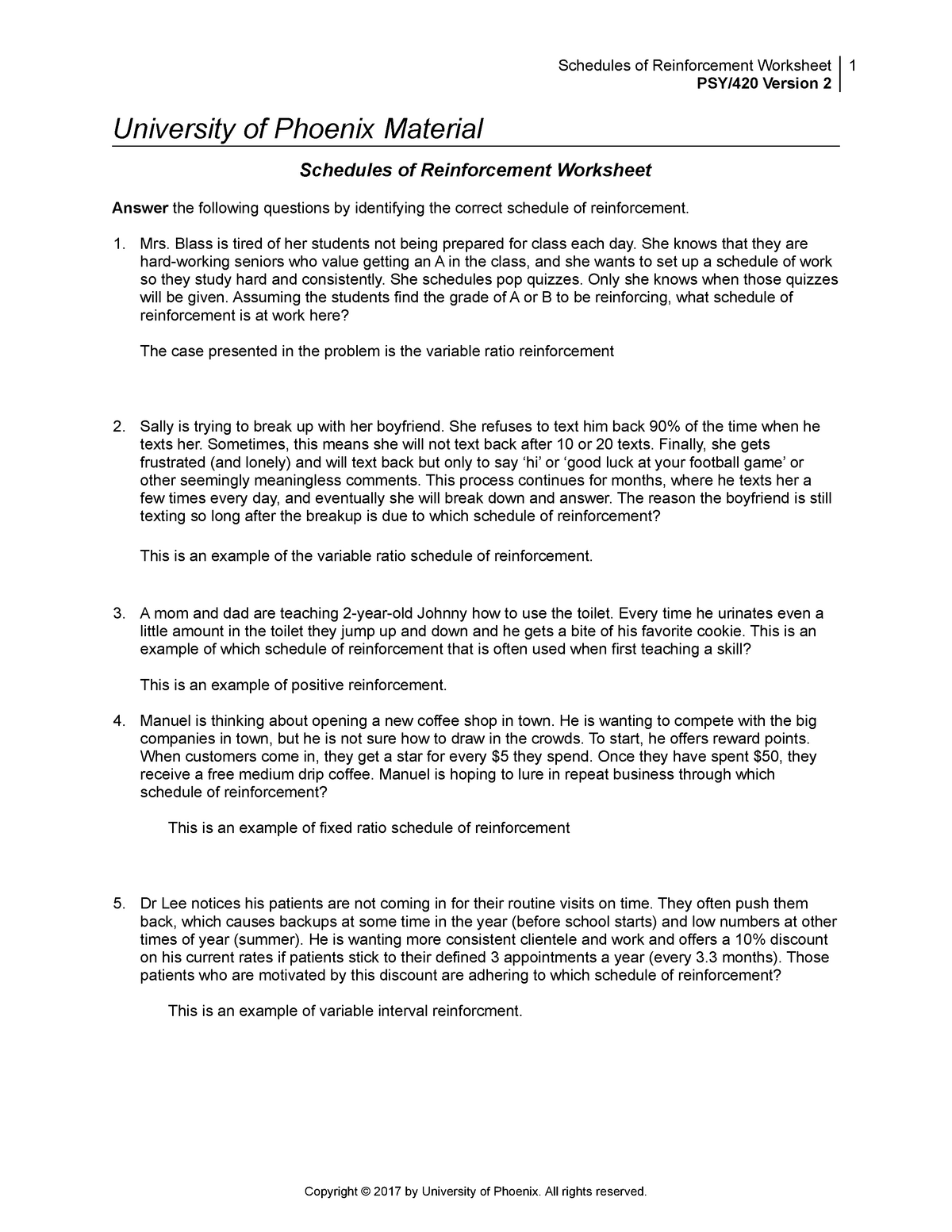 schedules of reinforcement worksheet with answers