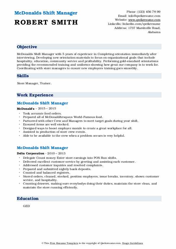 shift manager job description mcdonalds