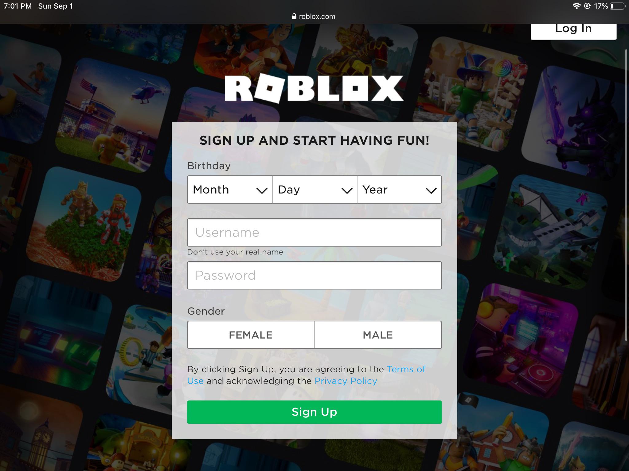 sign up for roblox