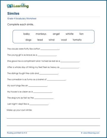 simile worksheet for grade 3