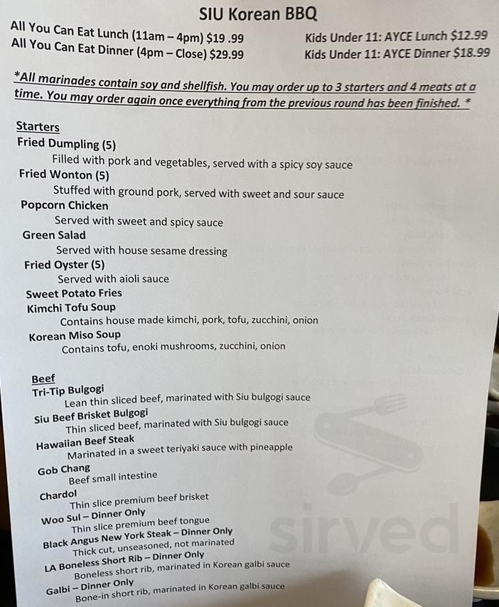 siu korean bbq menu