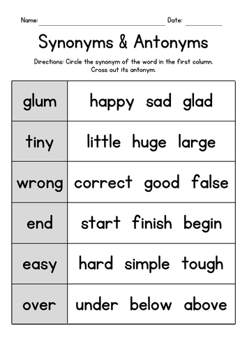 synonyms antonyms worksheet