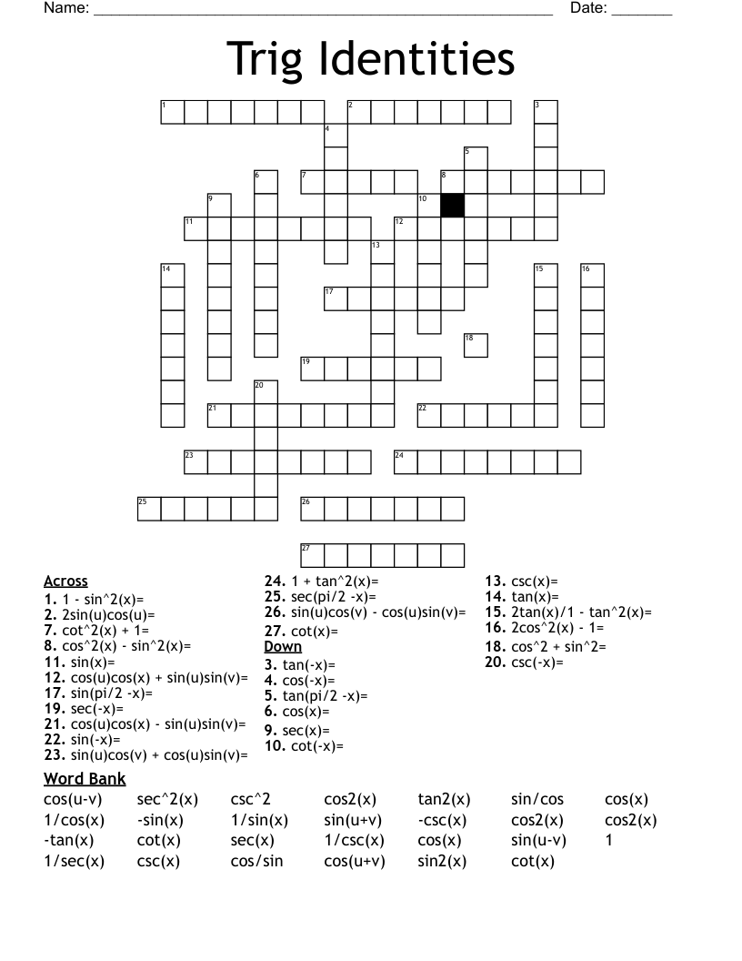 trigonometric function crossword