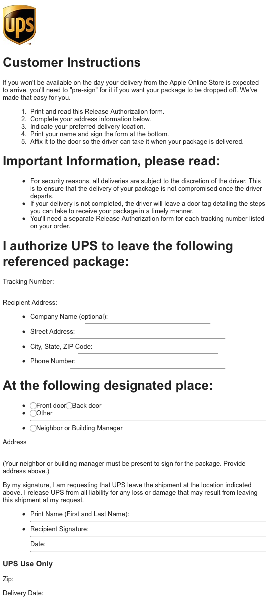 ups delivery signature release form