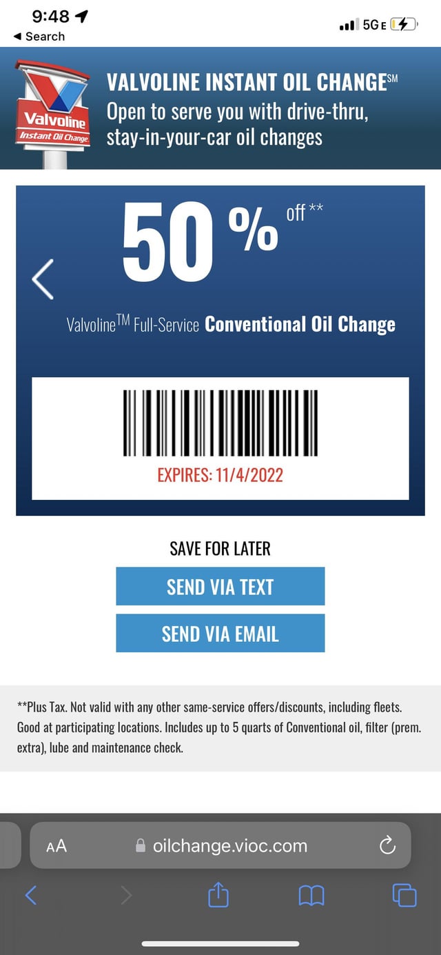 valvoline 50 percent off conventional oil change coupon