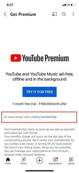 youtube premium family different address